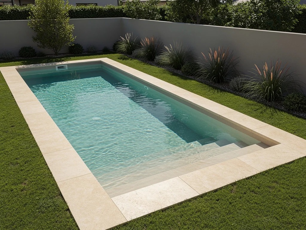 Piscine enterrée rectangulaire avec plage immergée et margelles claires