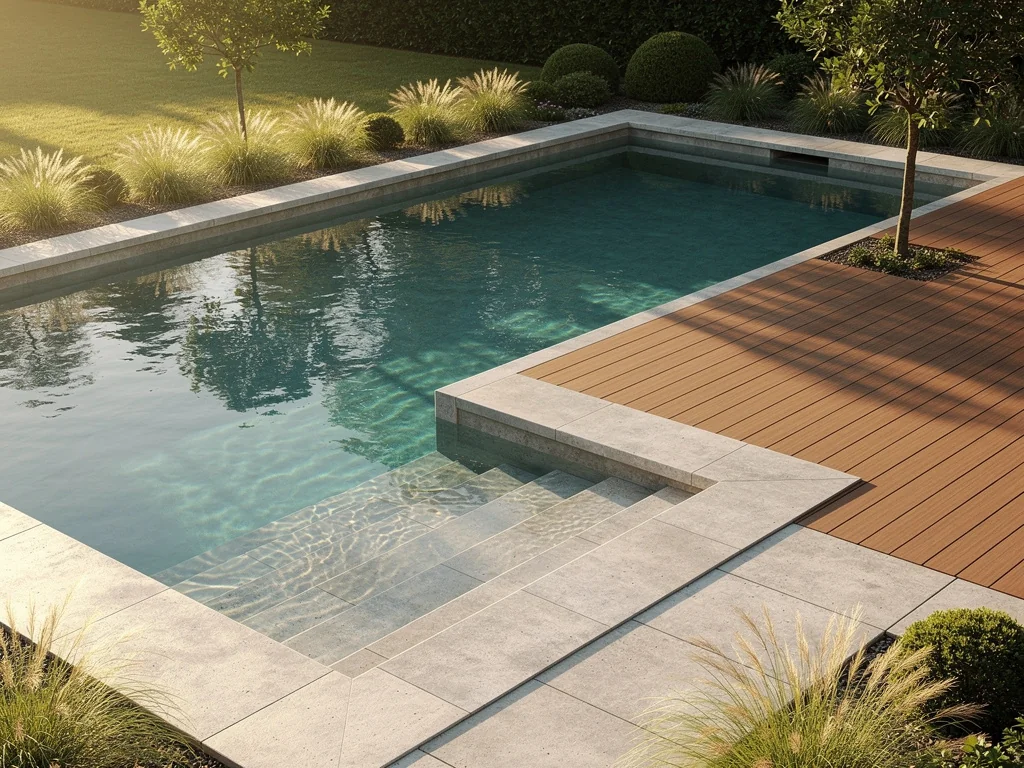 Piscine enterrée en béton avec escalier maçonné et terrasse en bois