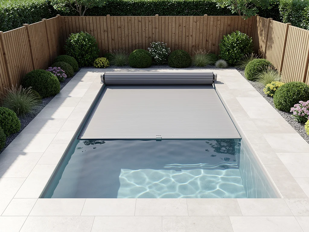 Petite piscine enterrée avec volet roulant immergé dans un jardin clos