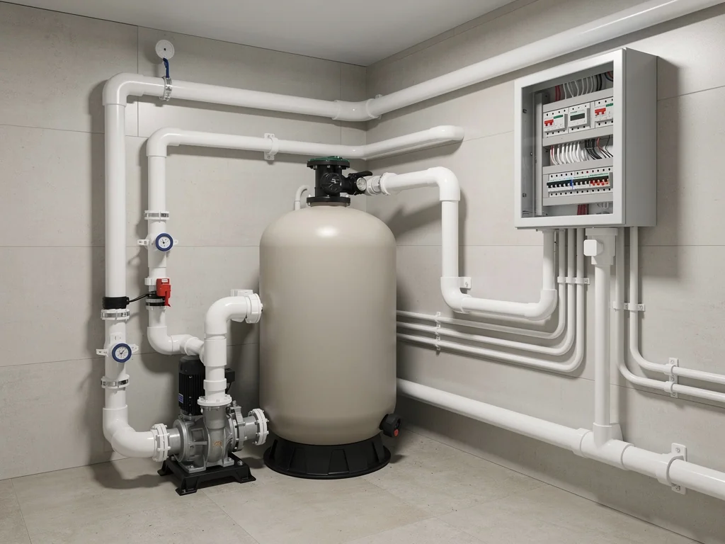 Local technique de piscine avec pompe de filtration et coffret électrique